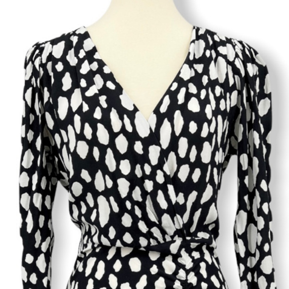Maje Rossima Black White Spotted Dress V Neck Long Sleeve Faux Wrap Size 2 - Picture 3 of 11